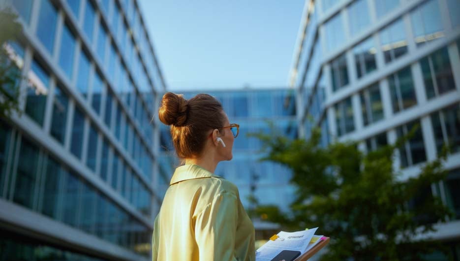 Seen from behind woman worker near business center using phone