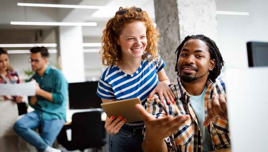 Company employees working in software development and designer o