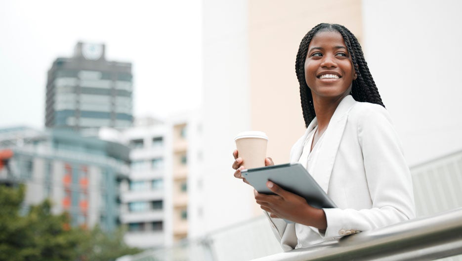 Black woman, coffee break and corporate employee with tablet outside the office, working in a city and career marketer. Digital technology, African American professional and a businesswoman outdoors.